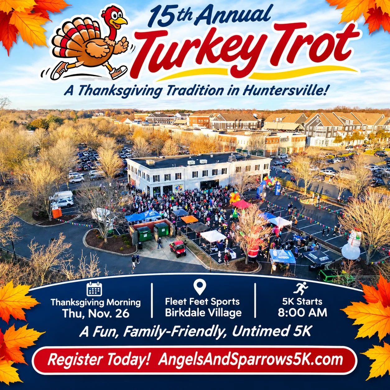 Poster for the 15th annual Turkey Trot, set over an aerial view of a crowd and tents outside Fleet Feet Sports in Birkdale Village.