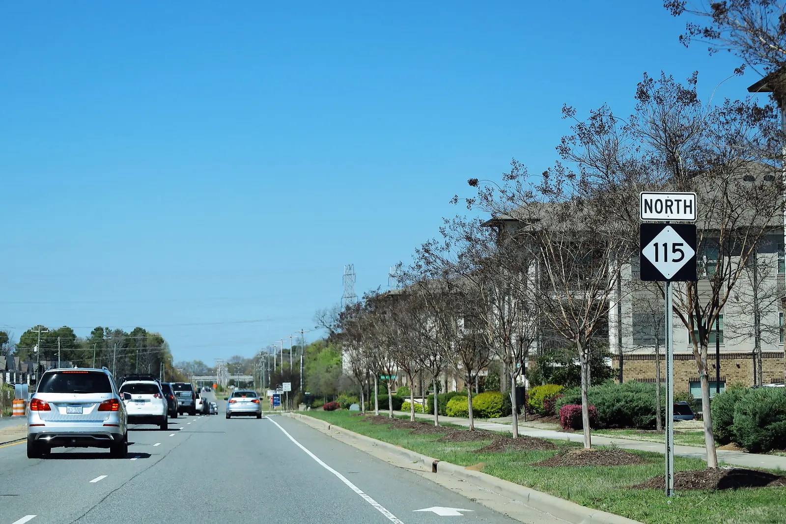 A northbound N.C. 115 route marker on Old Statesville Road in Huntersville