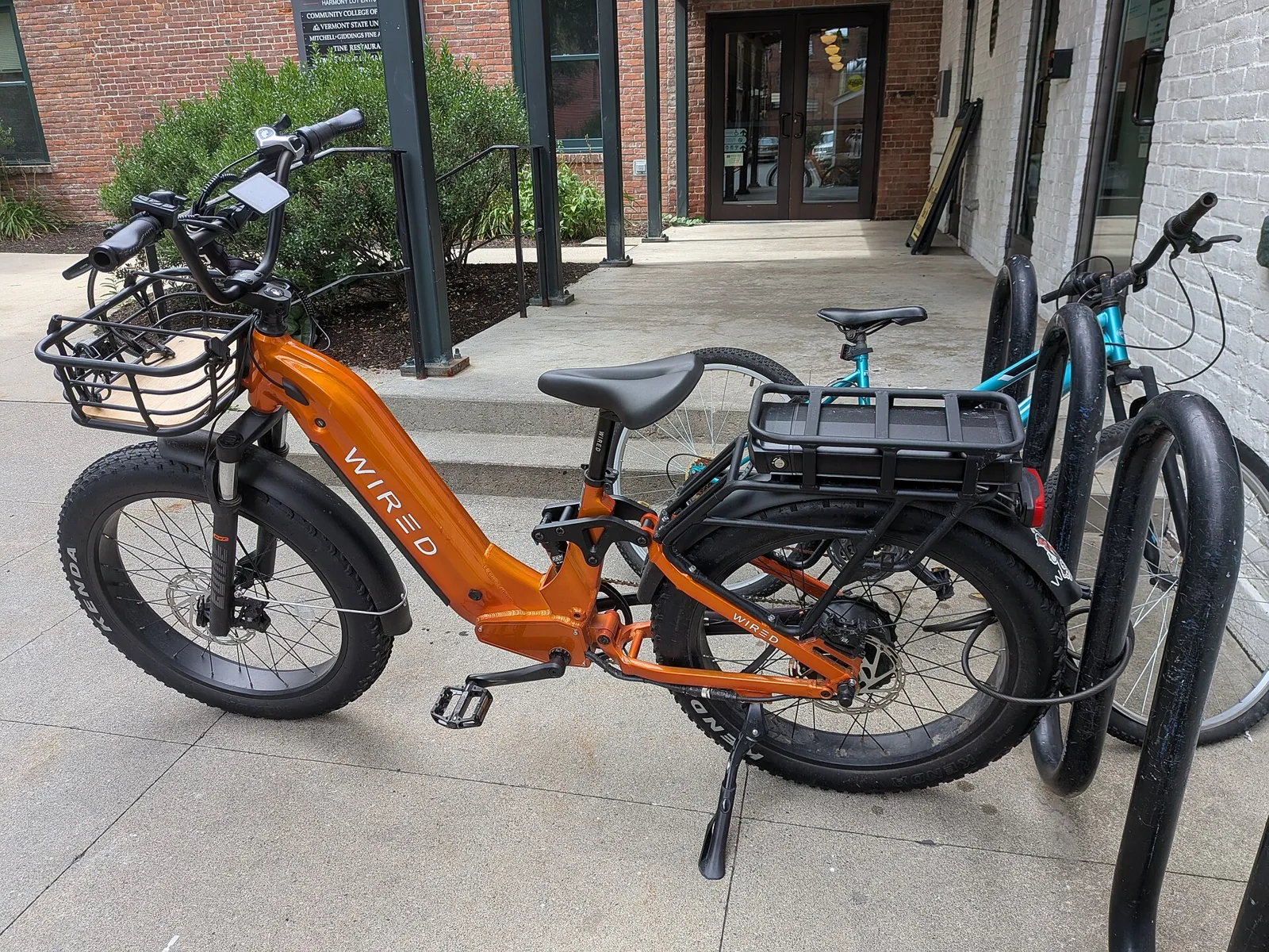 A fat-tire e-bike at a bike rack in Brattleboro, Vt. The picture was not taken in Huntersville.
