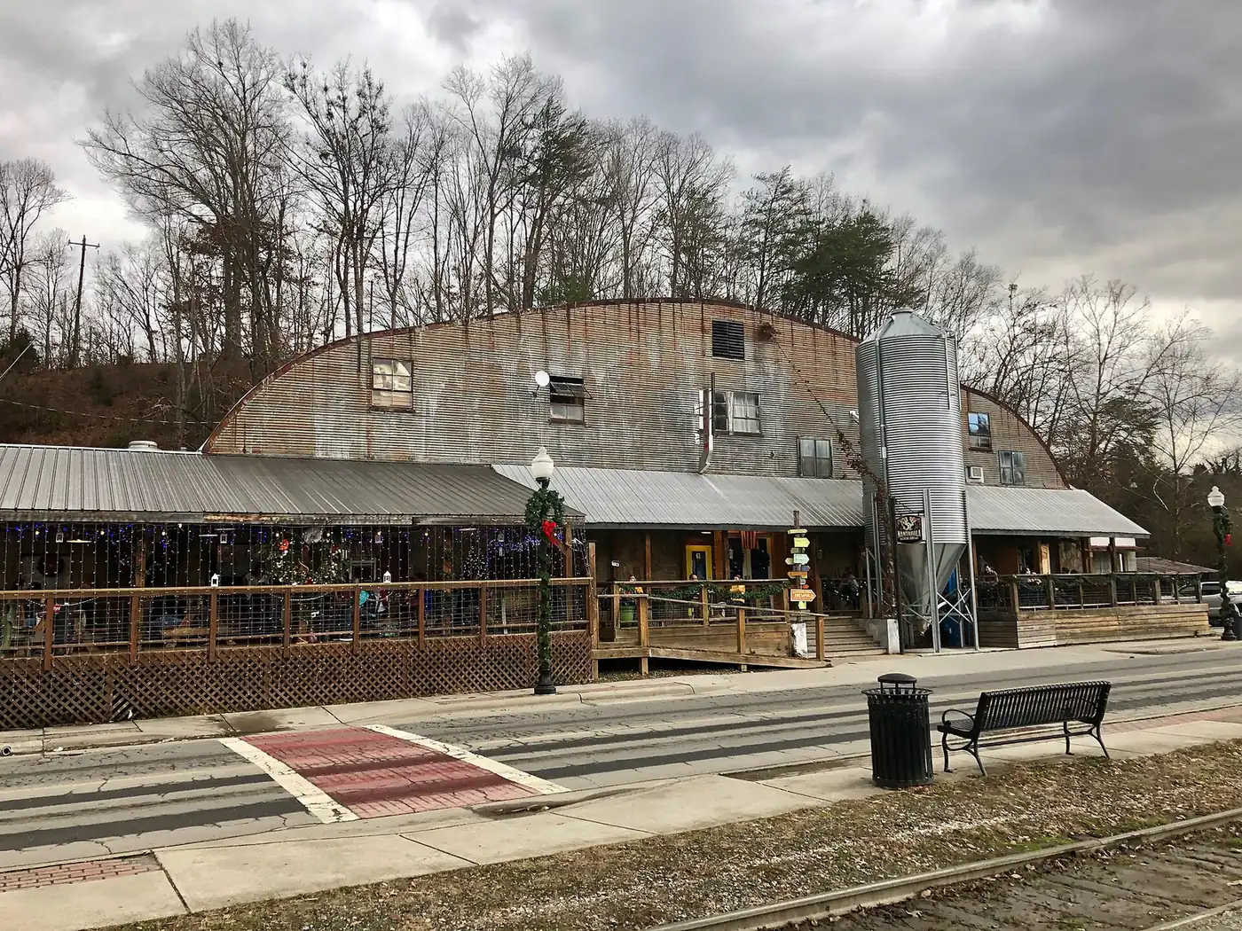 A brewery taproom and patio in Bryson City, North Carolina; Huntersville's taprooms are listed on this page.