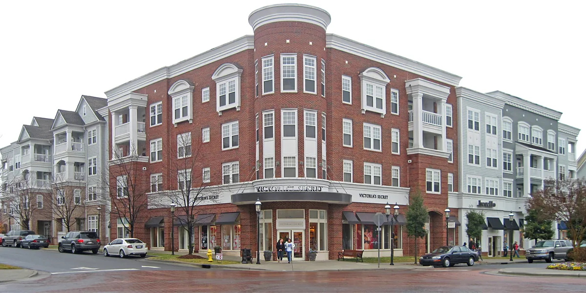 Shops with apartments above them at the Birkdale Village town center in Huntersville