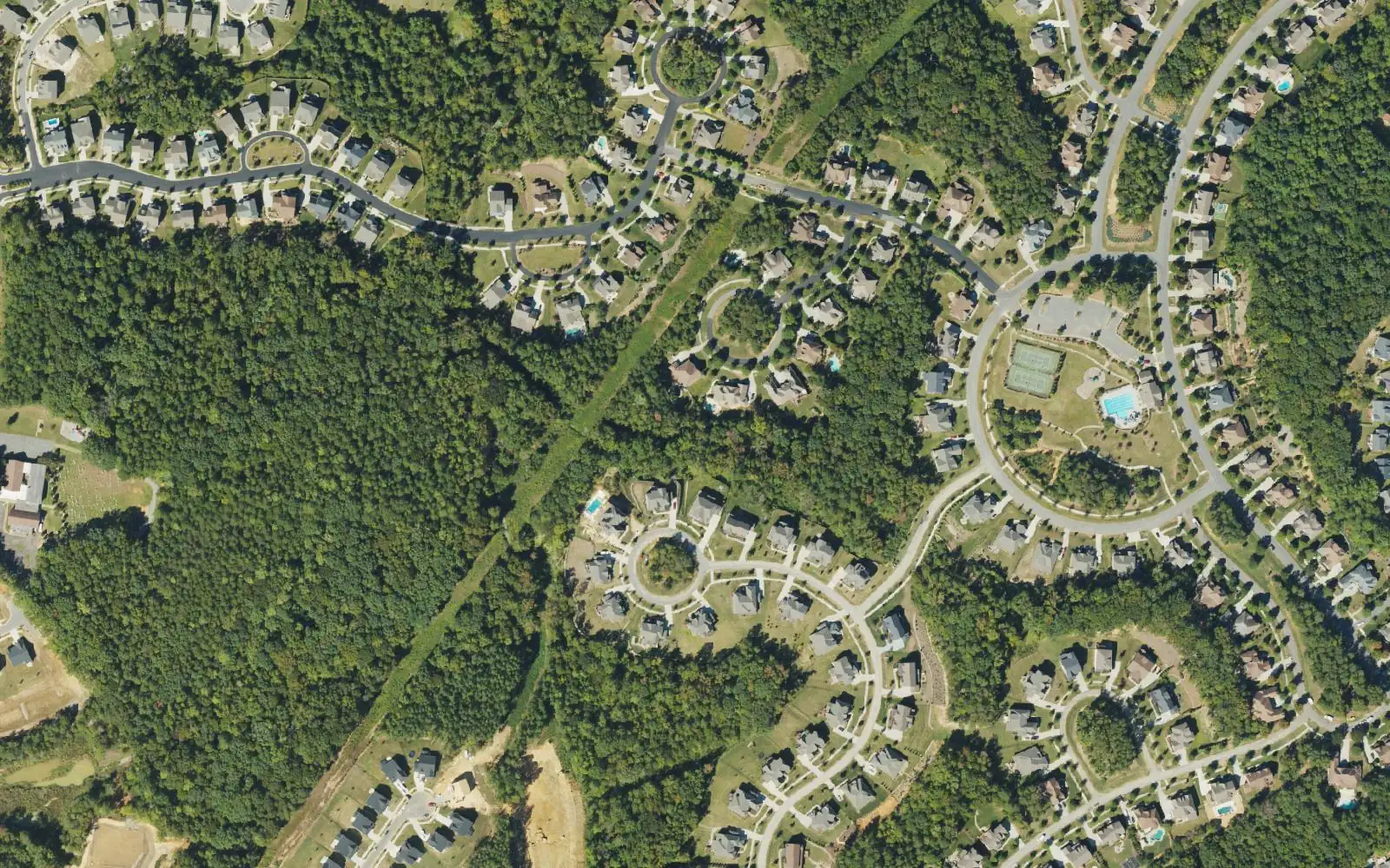 Neighborhoods east of Asbury Chapel Road in southeast Huntersville, seen from the air