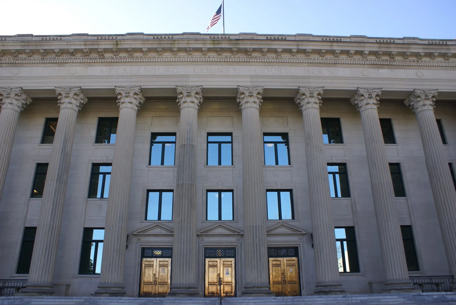 The columned front of the Mecklenburg County Courthouse in Charlotte, where county court business is filed