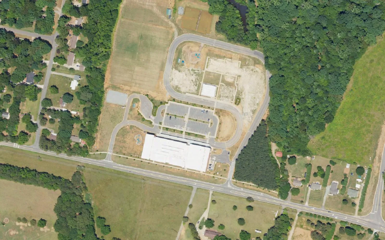 Lake Norman Charter's Elementary School East campus and its car line off Hambright Road in Huntersville, seen from the air