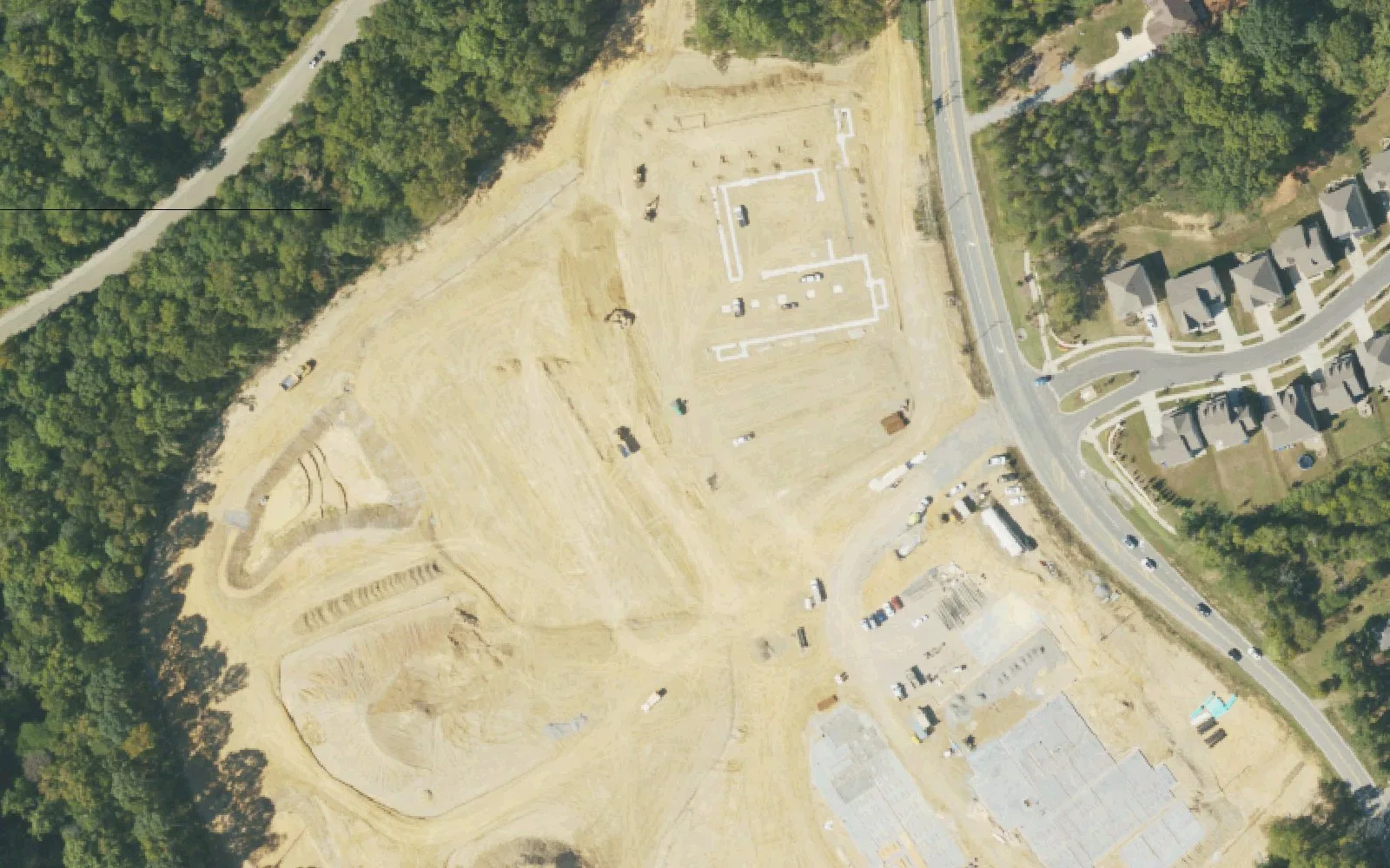The Bonnie Cone Leadership Academy campus on Poplar Tent Road east of Huntersville while under construction, seen from the air