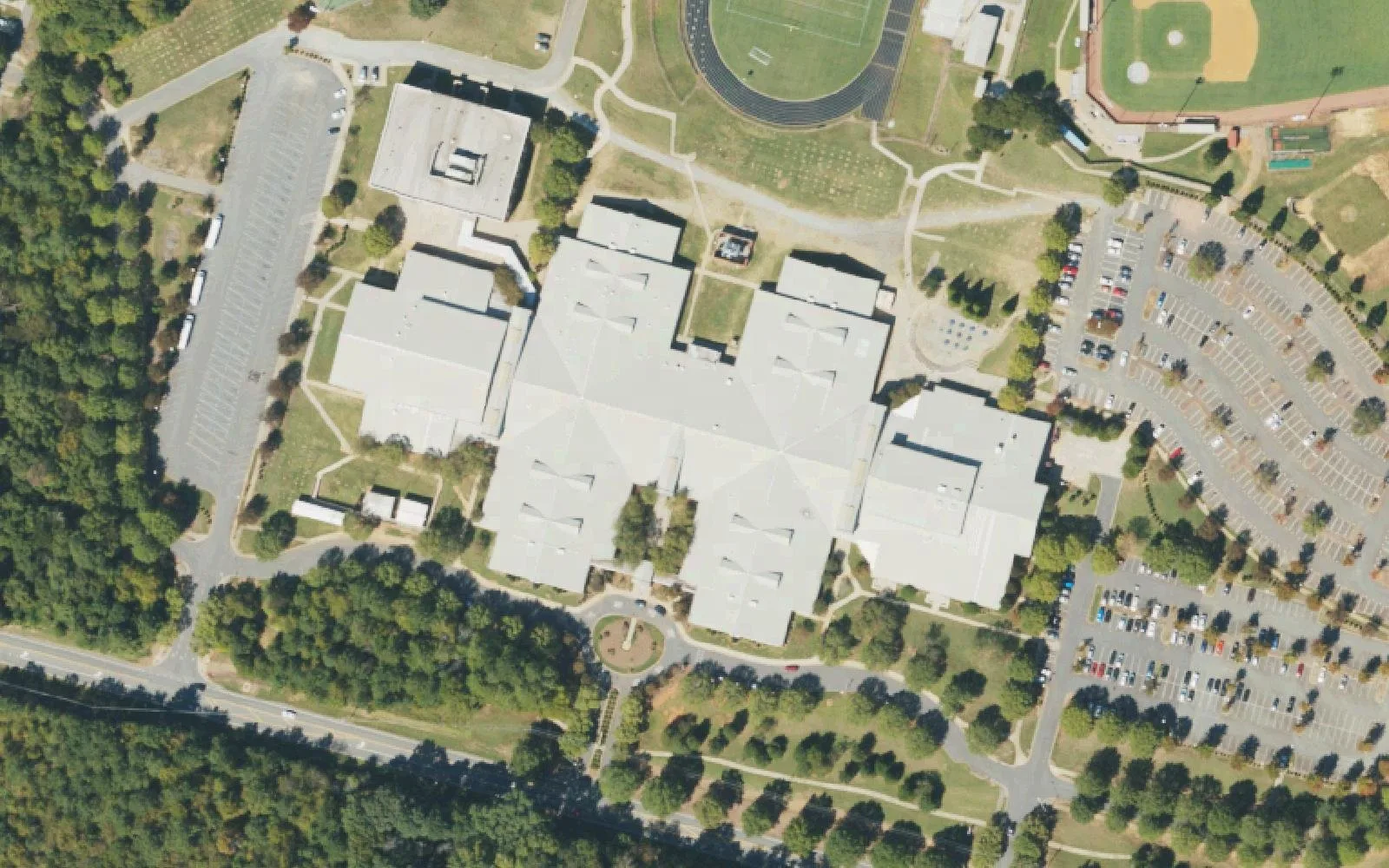 Hopewell High School's main building, stadium and ballfields off Beatties Ford Road in west Huntersville, seen from the air