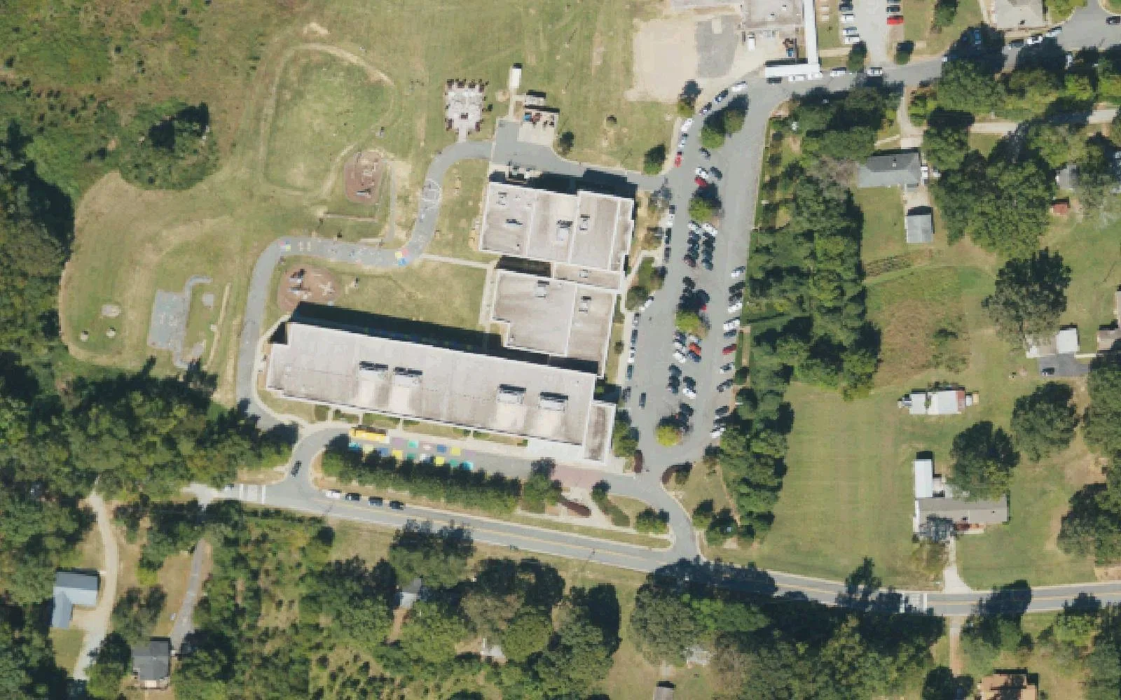 Long Creek Elementary School's classroom building and ballfield off Beatties Ford Road in southwest Huntersville, seen from the air