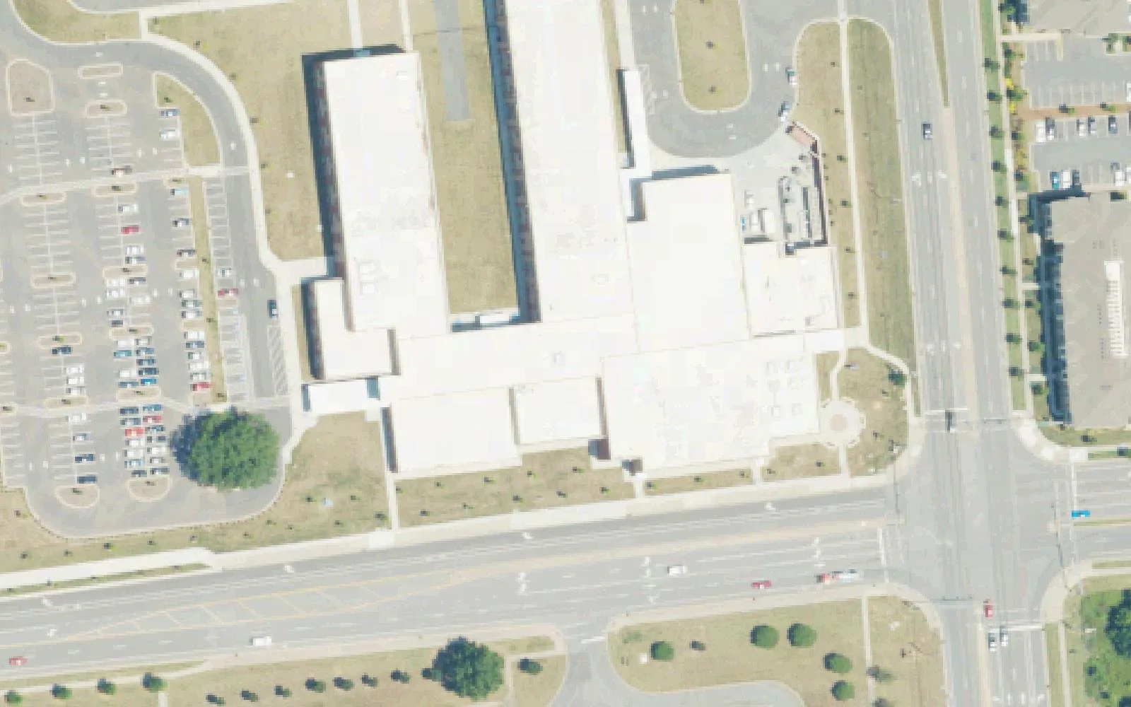 North Academy of World Languages' building and parking lots on Hambright Road in south Huntersville, seen from the air