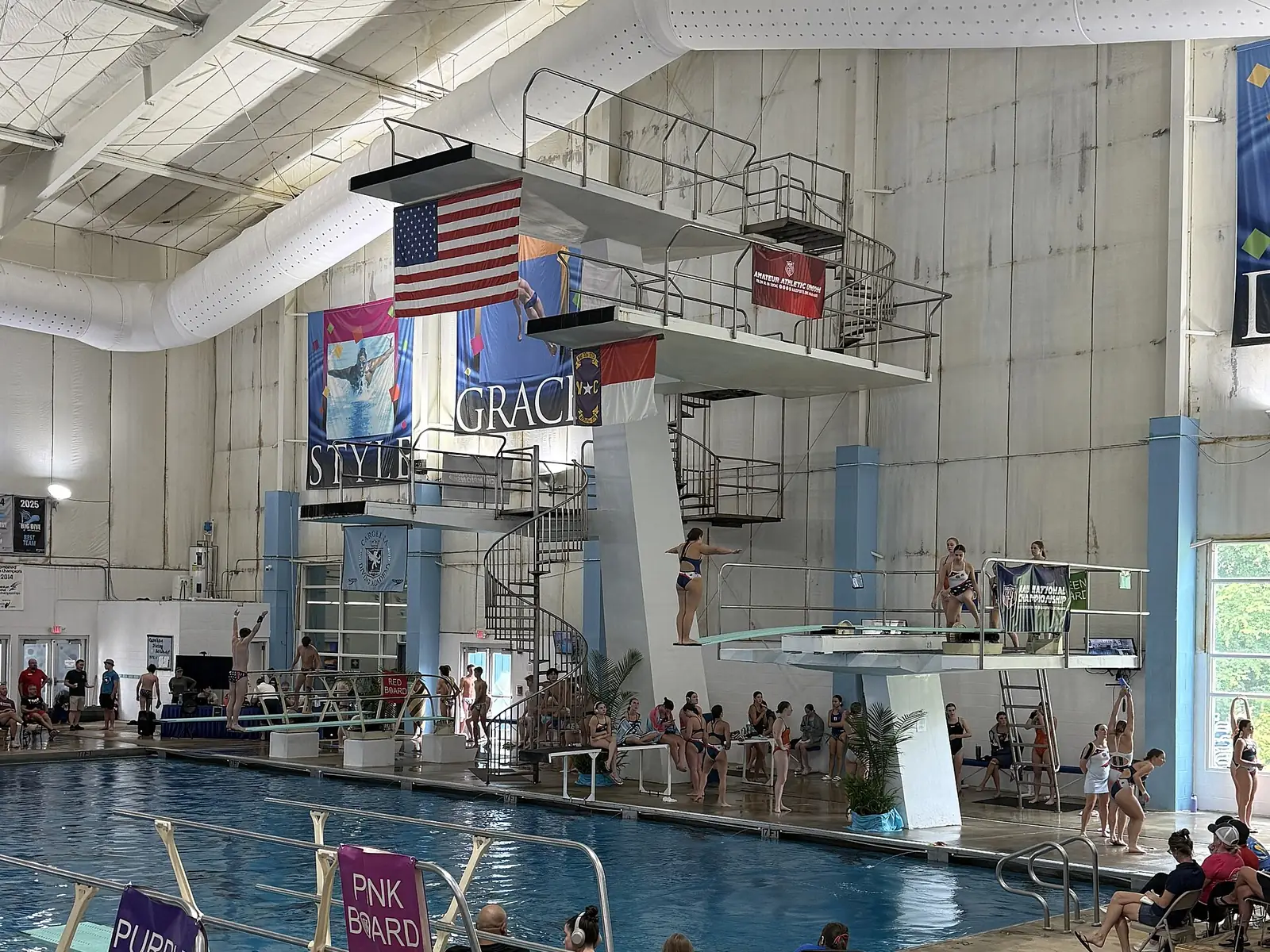 The diving platforms over the indoor pool at Huntersville Family Fitness and Aquatics during a national diving championship.